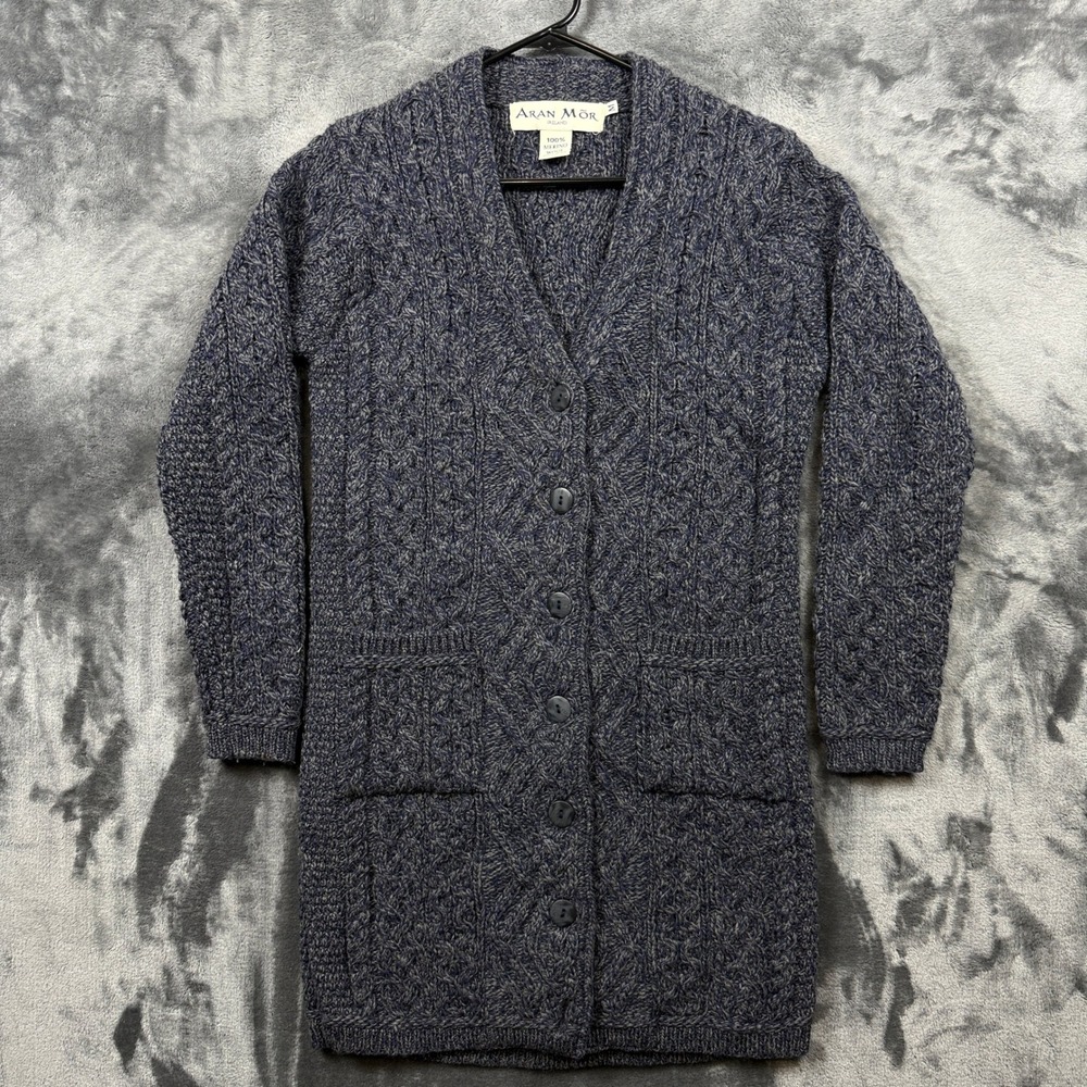 Aran Mor Cardigan Sweater Womens M Blue Excellent Merino Wool Cable Knit Ireland